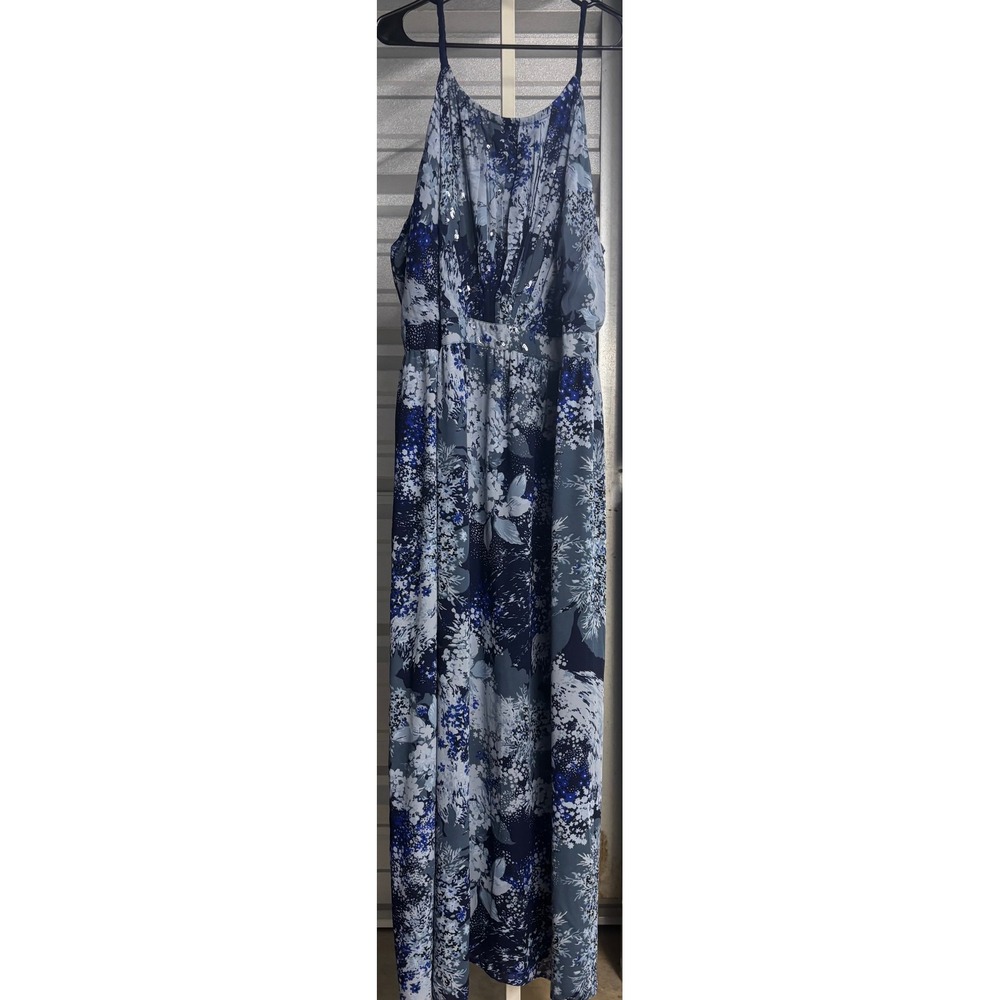 Roamans Blue Floral Maxi Dress Plus Size 28W Sleeveless Braided Tie Back Gown